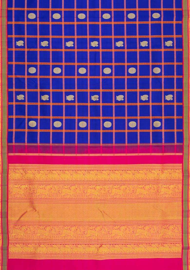 Purple Handloom Korvai Kanchipuram Silk Saree With Checks Buttas With Korvai And Temple Border Design For Women - Indya