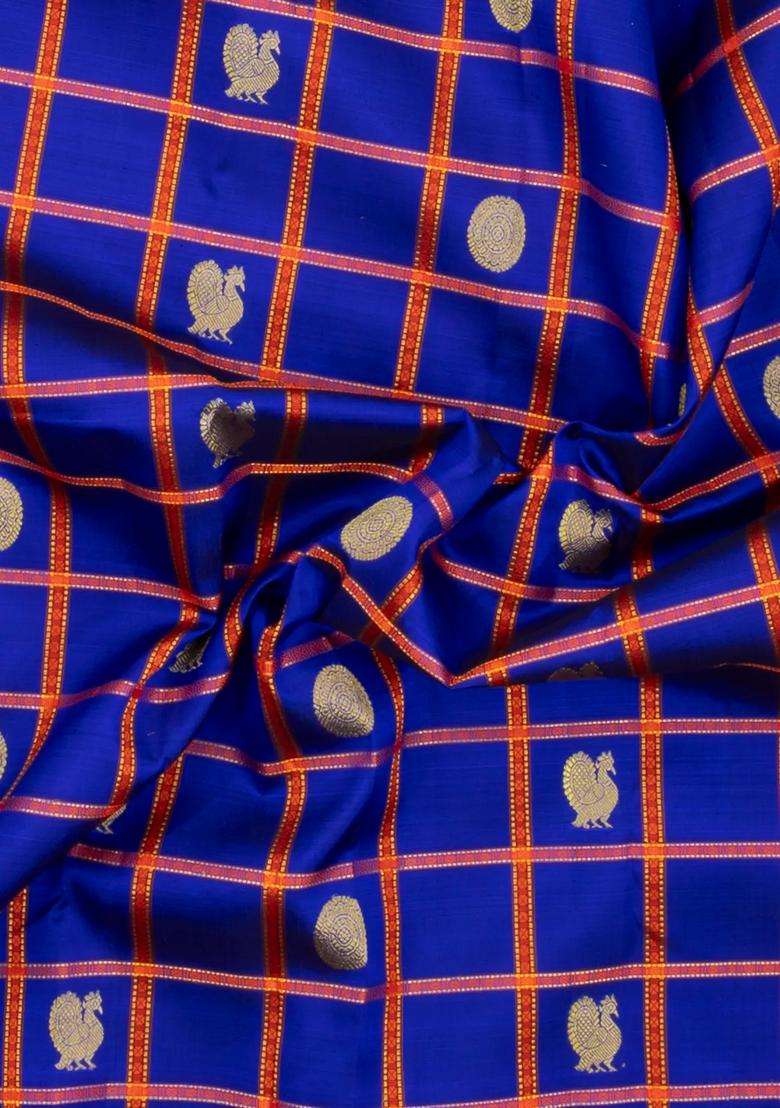 Purple Handloom Korvai Kanchipuram Silk Saree With Checks Buttas With Korvai And Temple Border Design For Women - Indya