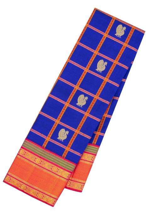 Purple Handloom Korvai Kanchipuram Silk Saree With Checks Buttas With Korvai And Temple Border Design For Women
