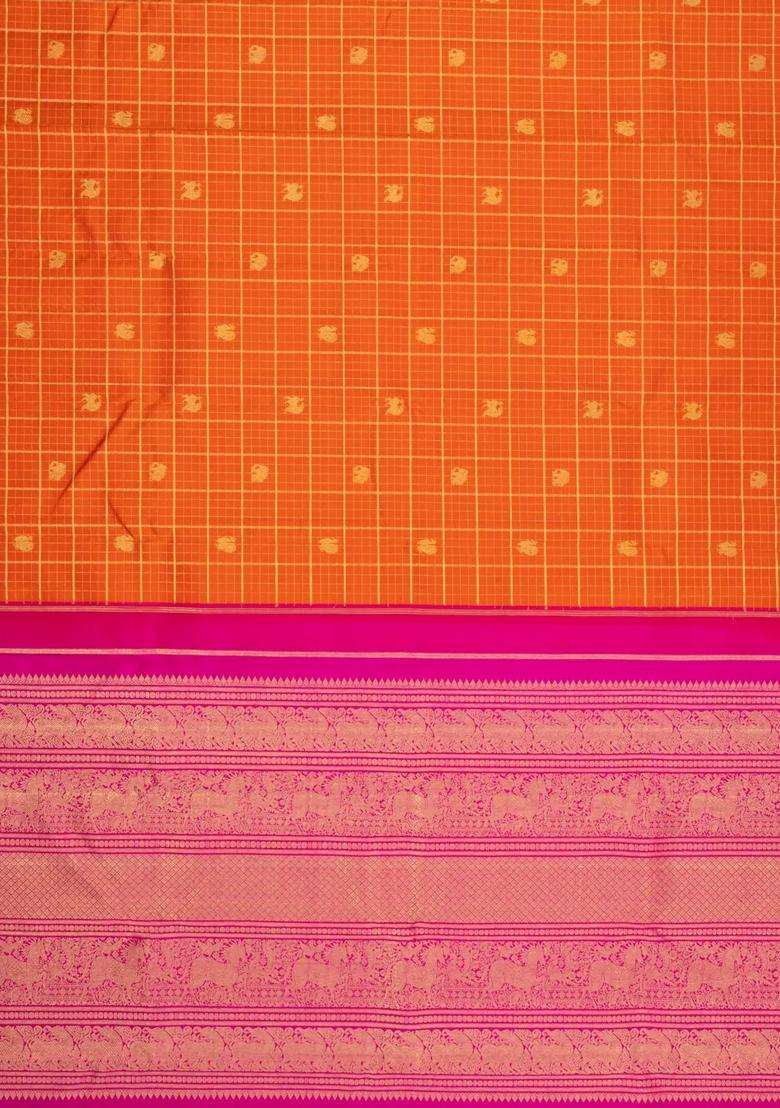 Orange Handloom Korvai Kanchipuram Silk Saree With Checks Buttas With Korvai And Temple Border Design For Women - Indya