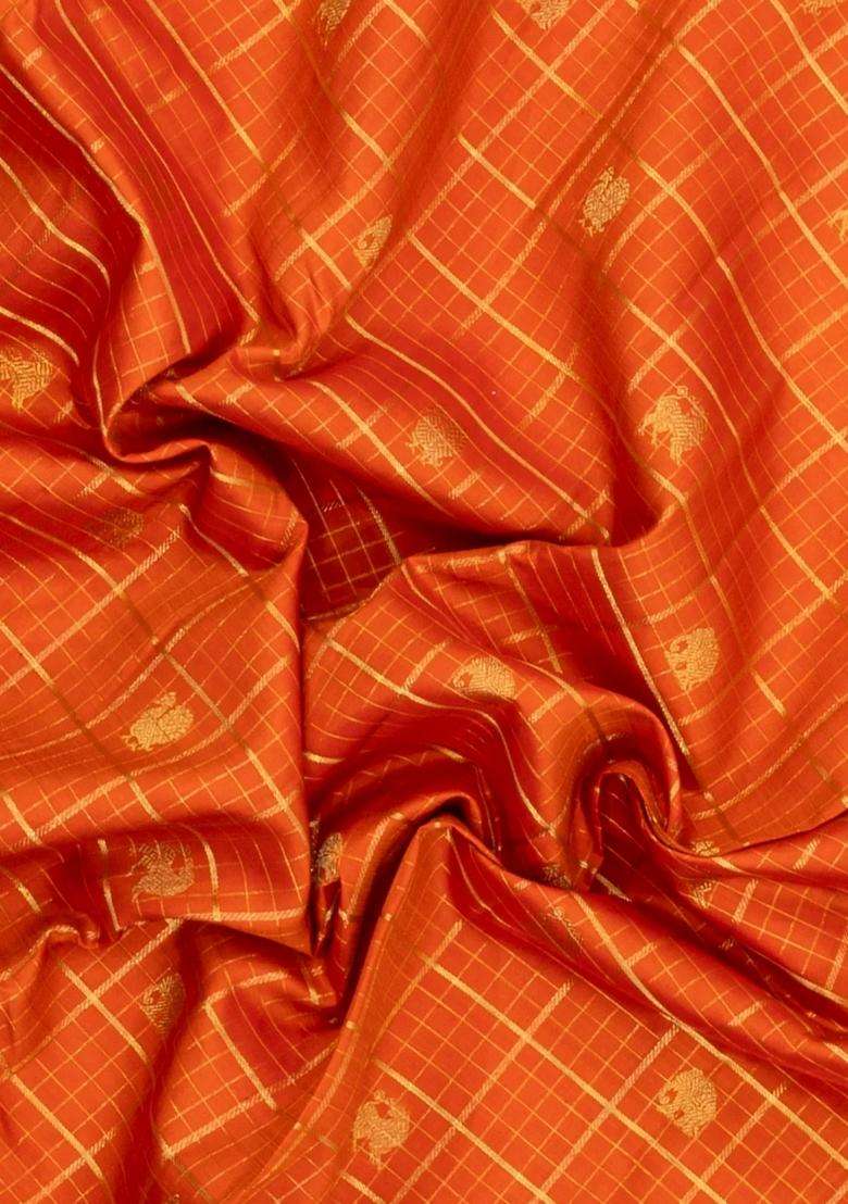 Orange Handloom Korvai Kanchipuram Silk Saree With Checks Buttas With Korvai And Temple Border Design For Women - Indya