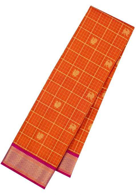Orange Handloom Korvai Kanchipuram Silk Saree With Checks Buttas With Korvai And Temple Border Design For Women