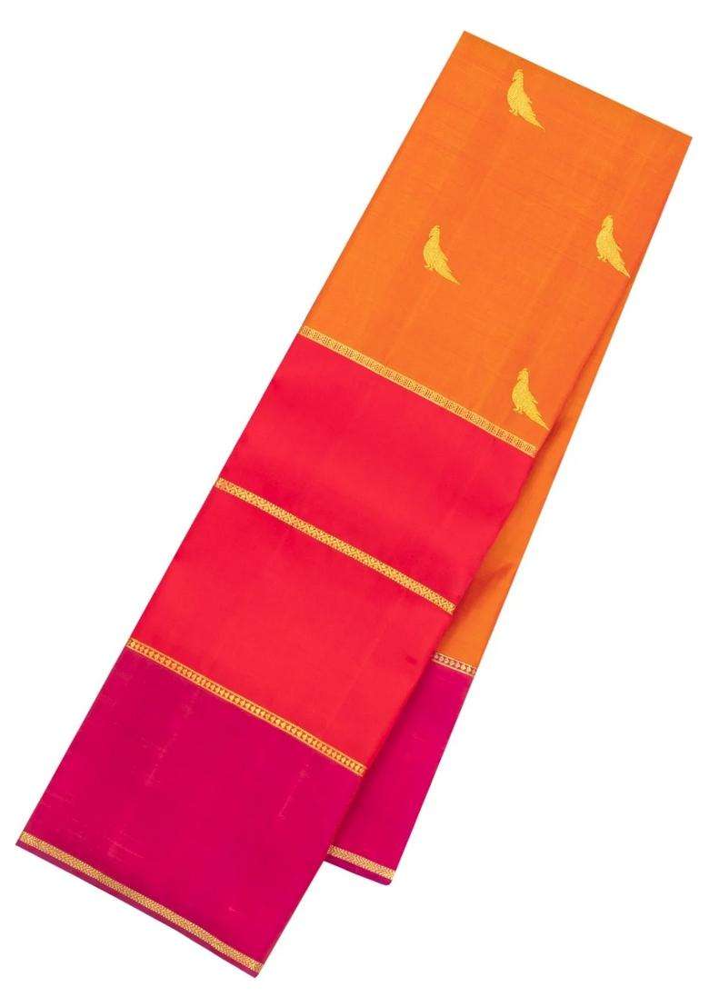 Orange Handloom Kanchipuram Silk Saree With Zari Buttas With Buttas And Brocade Design For Women - Indya