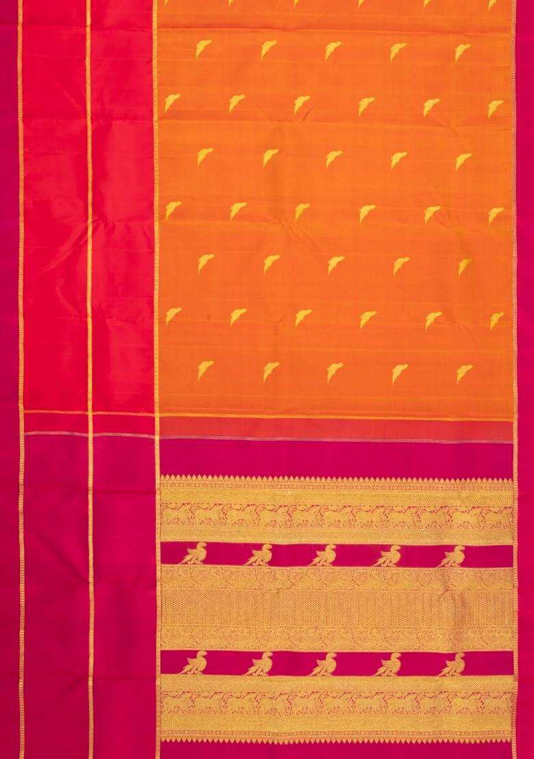 Orange Handloom Kanchipuram Silk Saree With Zari Buttas With Buttas And Brocade Design For Women - Indya