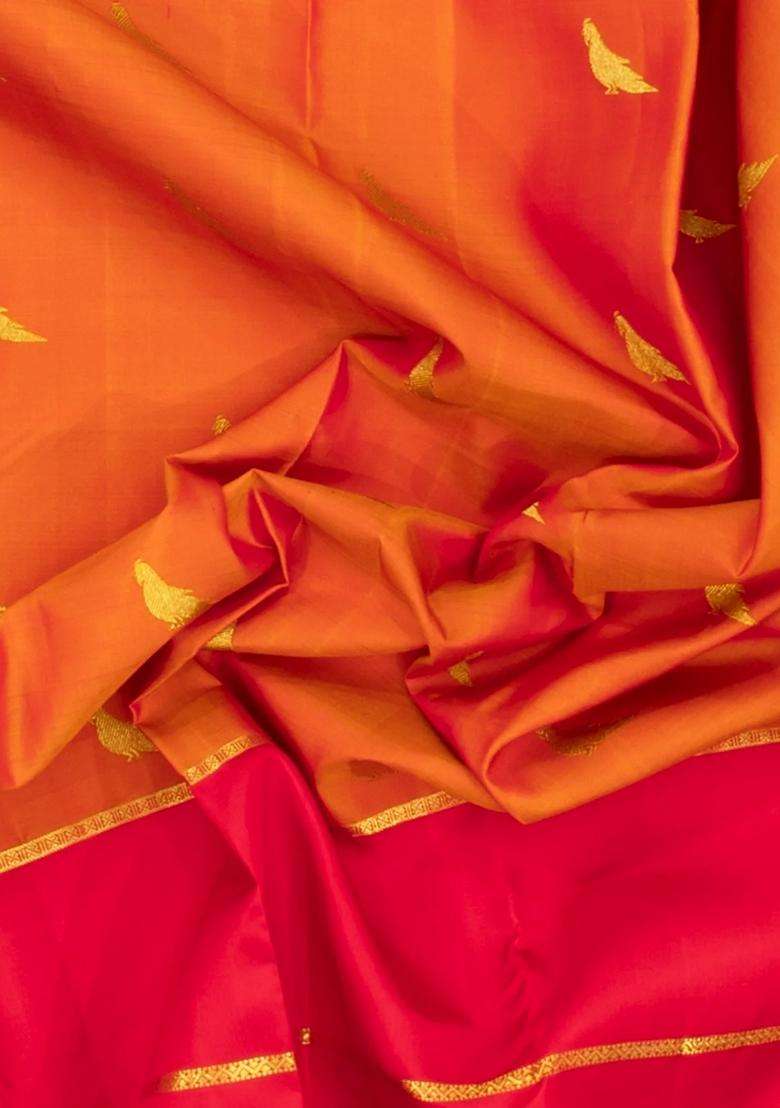 Orange Handloom Kanchipuram Silk Saree With Zari Buttas With Buttas And Brocade Design For Women - Indya