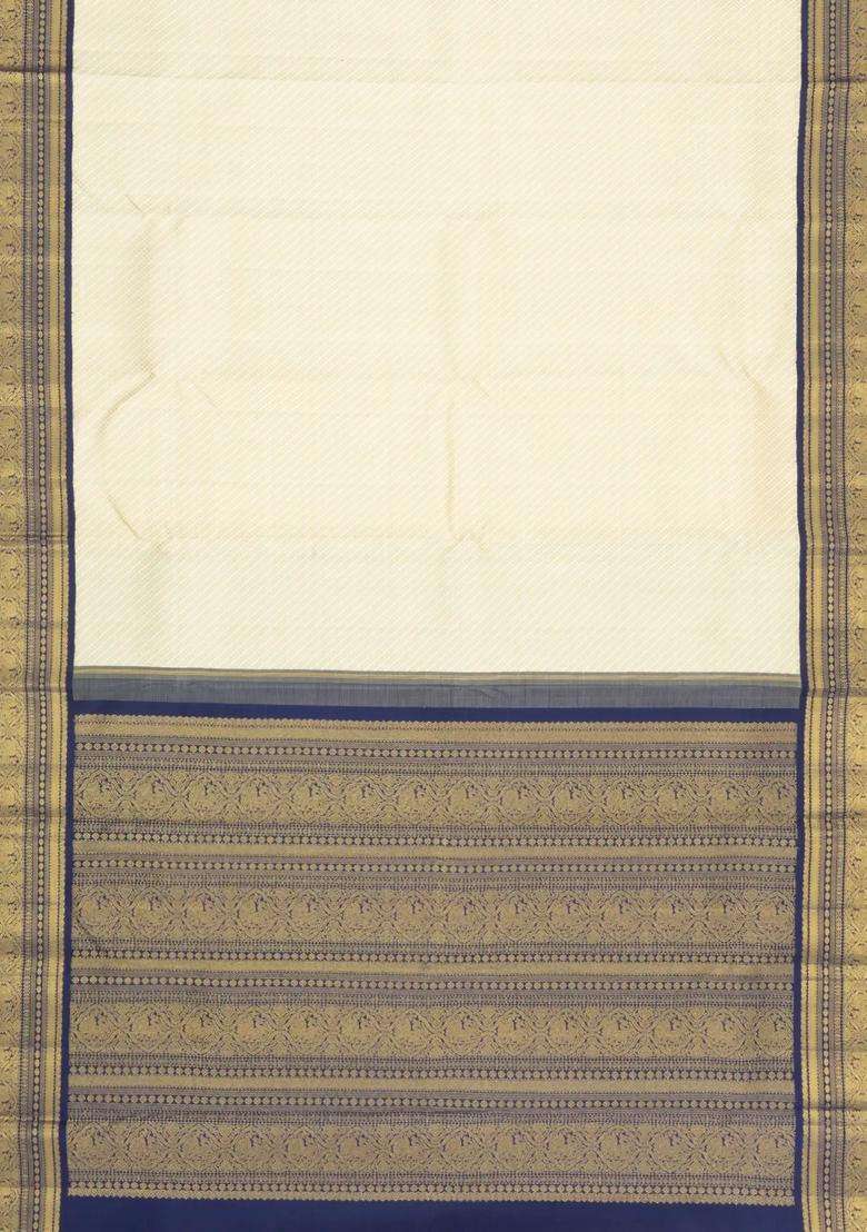 Cream Handloom Korvai Kanchipuram Silk Saree With Diagonal Stripes With Korvai And Temple Border Design For Women - Indya