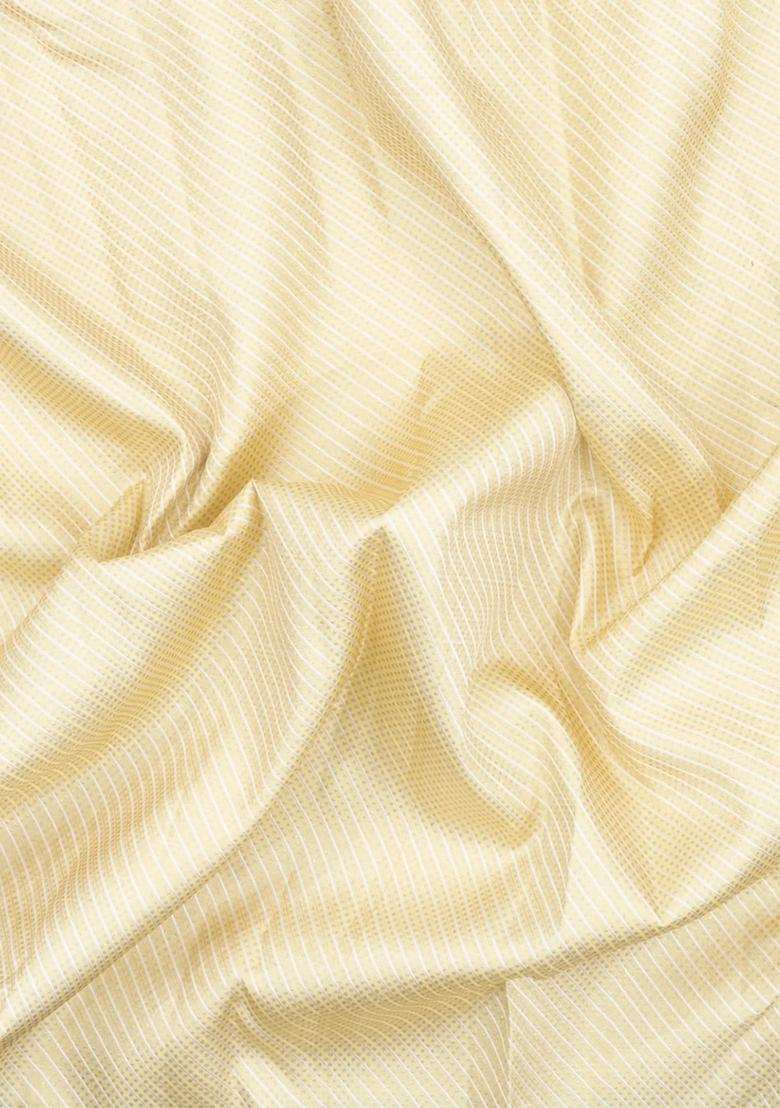 Cream Handloom Korvai Kanchipuram Silk Saree With Diagonal Stripes With Korvai And Temple Border Design For Women - Indya
