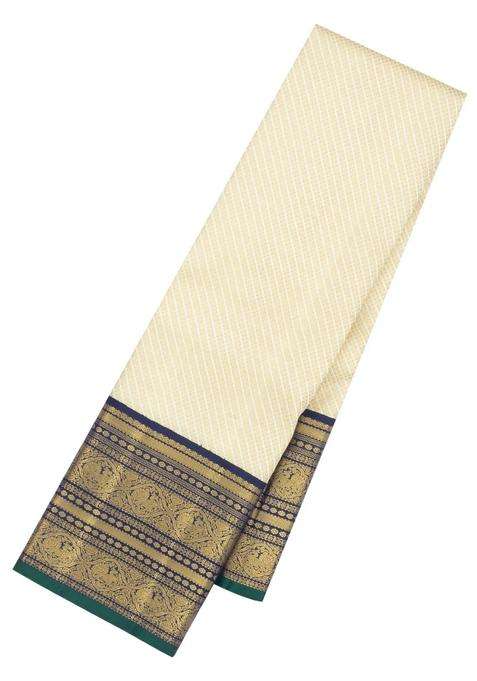 Cream Handloom Korvai Kanchipuram Silk Saree With Diagonal Stripes With Korvai And Temple Border Design For Women