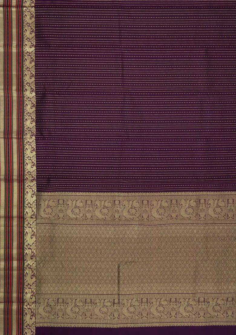 Dark Brown Handloom Kanchipuram Silk Saree With Zari Stripes With Checks And Stripes Design For Women - Indya