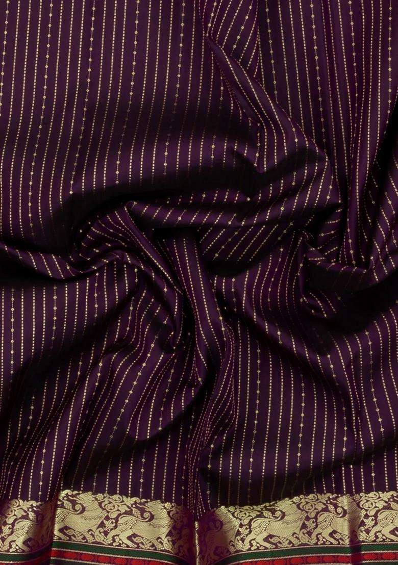 Dark Brown Handloom Kanchipuram Silk Saree With Zari Stripes With Checks And Stripes Design For Women - Indya