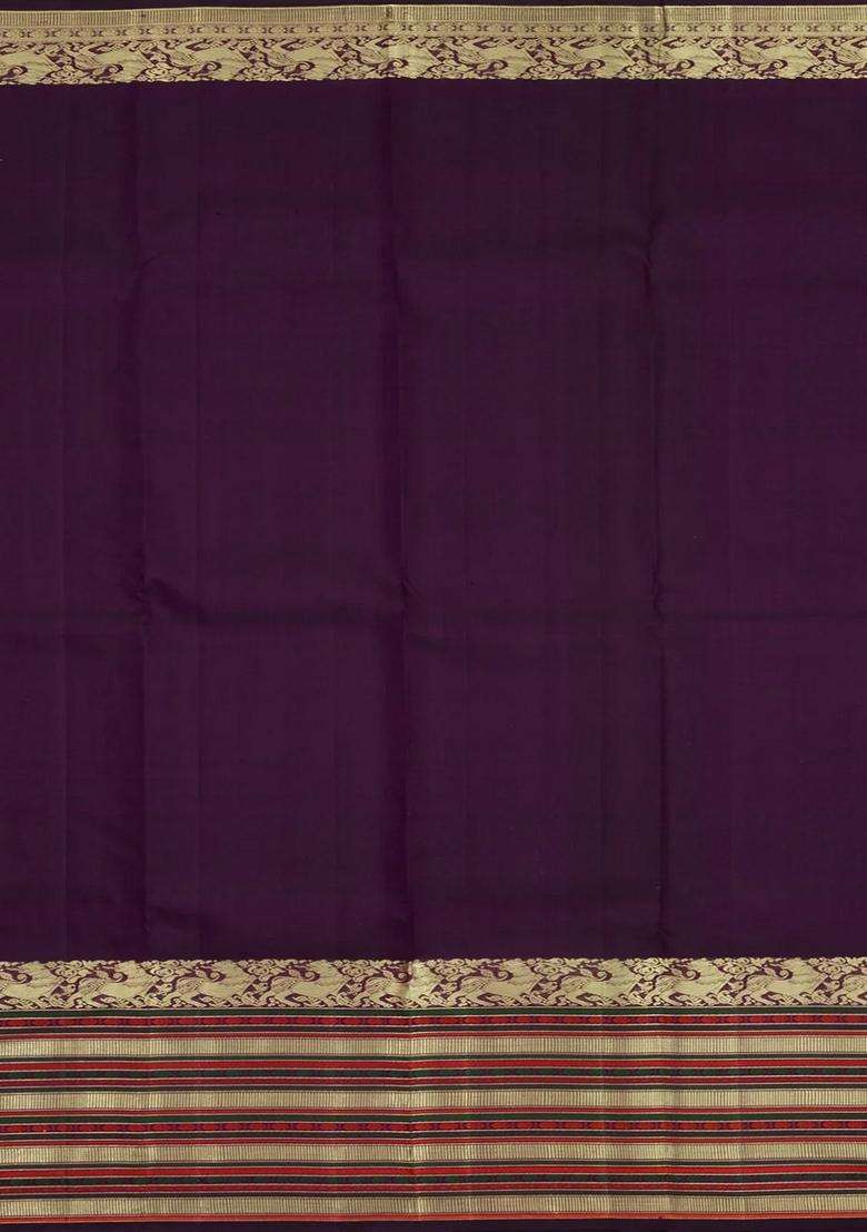 Dark Brown Handloom Kanchipuram Silk Saree With Zari Stripes With Checks And Stripes Design For Women - Indya