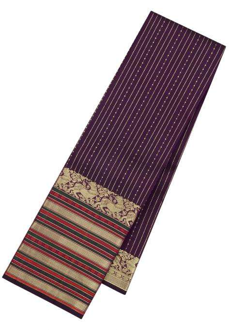 Dark Brown Handloom Kanchipuram Silk Saree With Zari Stripes With Checks And Stripes Design For Women