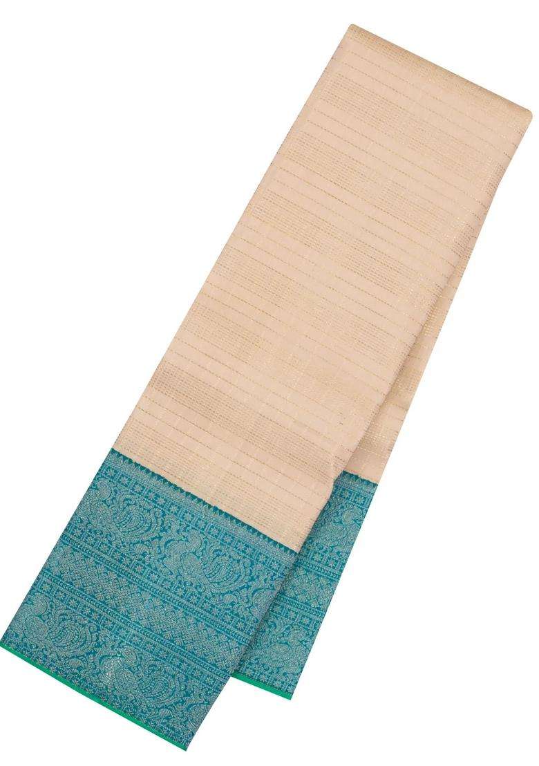 Taupe Handloom Korvai Kanchipuram Silk Saree With Zari Checks With Korvai And Temple Border Design For Women - Indya