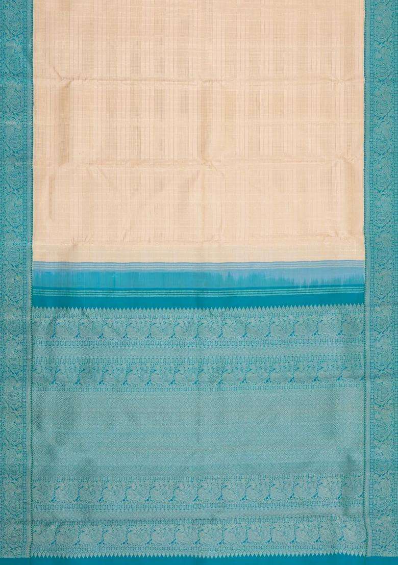 Taupe Handloom Korvai Kanchipuram Silk Saree With Zari Checks With Korvai And Temple Border Design For Women - Indya