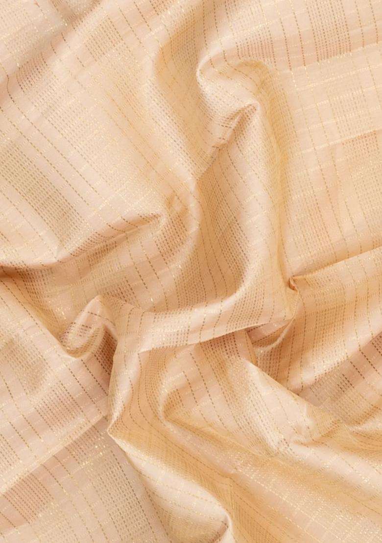 Taupe Handloom Korvai Kanchipuram Silk Saree With Zari Checks With Korvai And Temple Border Design For Women - Indya