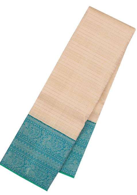 Taupe Handloom Korvai Kanchipuram Silk Saree With Zari Checks With Korvai And Temple Border Design For Women
