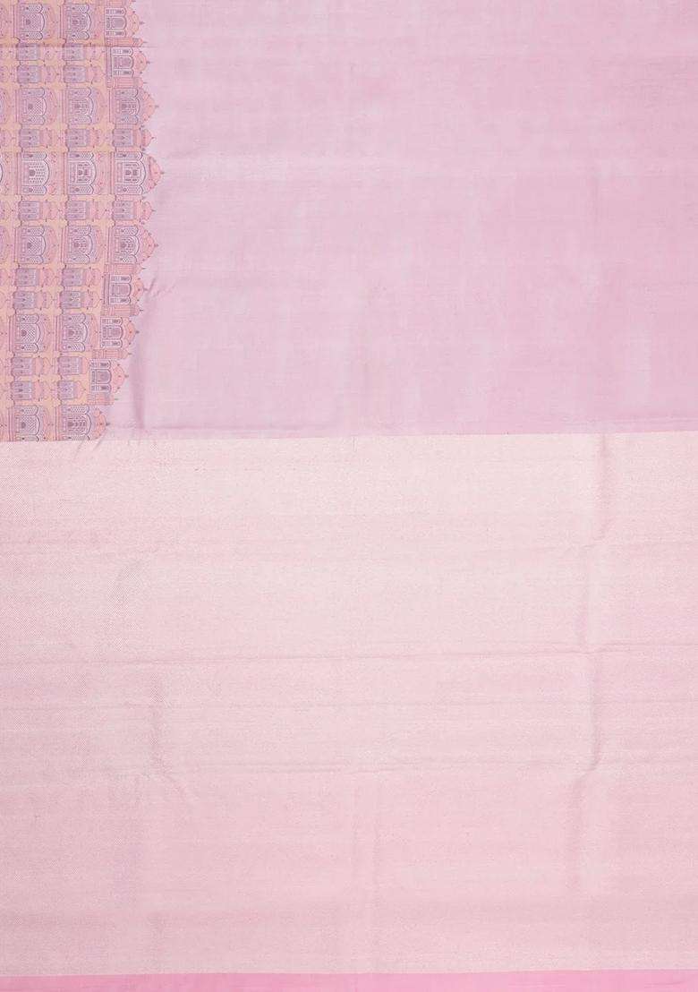 Dusty Pink Handloom Kanchipuram Silk Saree With Palace Border With Traditional Woven Design For Women - Indya