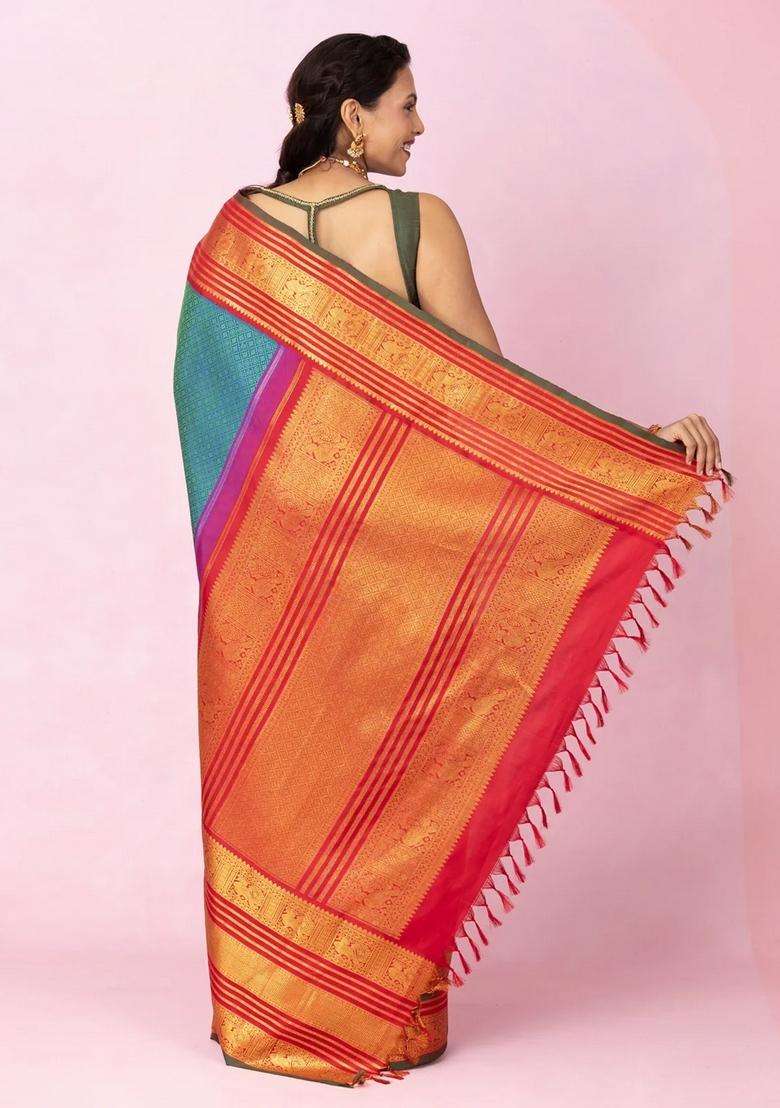 Cyan Handloom Korvai Kanchipuram Silk Saree With Threadwork Motifs With Korvai And Temple Border Design For Women - Indya