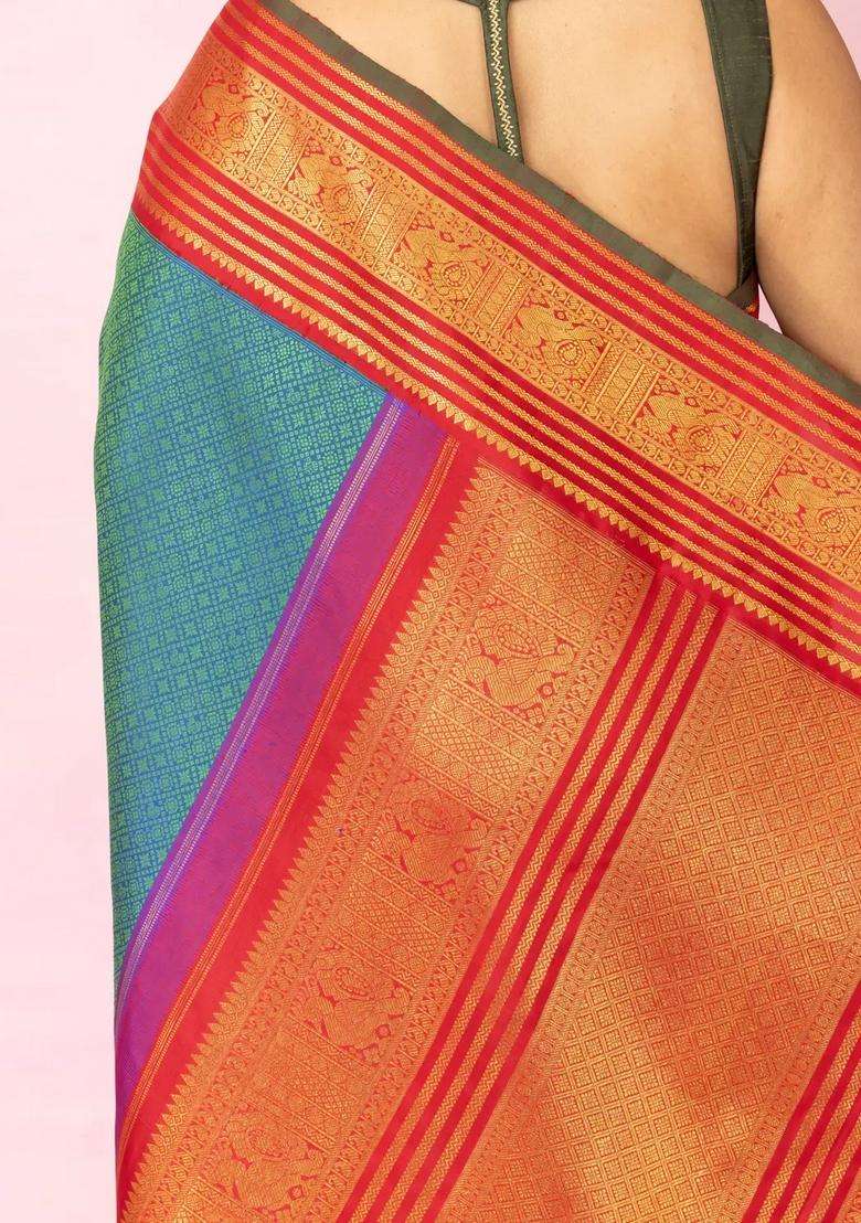 Cyan Handloom Korvai Kanchipuram Silk Saree With Threadwork Motifs With Korvai And Temple Border Design For Women - Indya