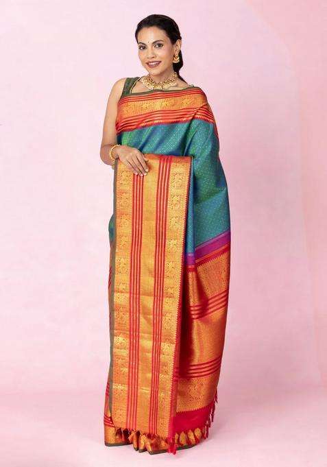 Cyan Handloom Korvai Kanchipuram Silk Saree With Threadwork Motifs With Korvai And Temple Border Design For Women