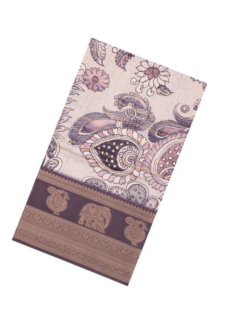 Taupe Printed Synthetic Dupion Art Silk Saree With Zari Stripes Border For Women - Indya