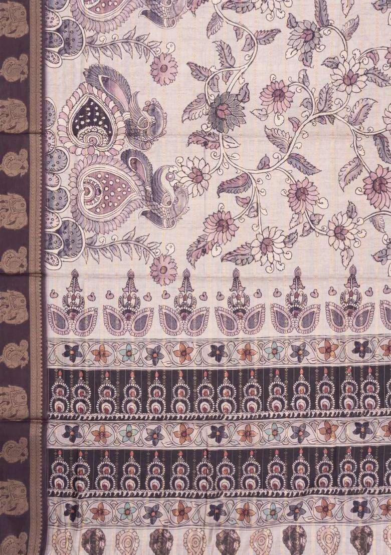 Taupe Printed Synthetic Dupion Art Silk Saree With Zari Stripes Border For Women - Indya
