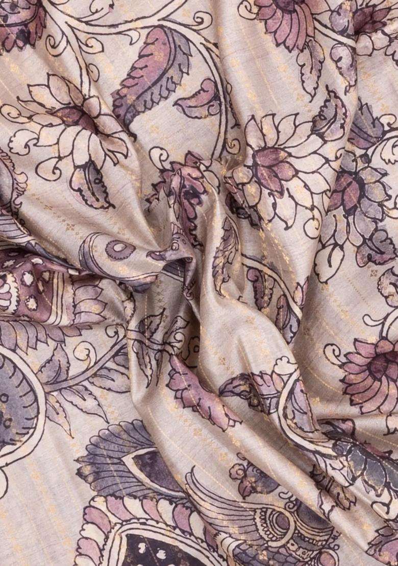 Taupe Printed Synthetic Dupion Art Silk Saree With Zari Stripes Border For Women - Indya