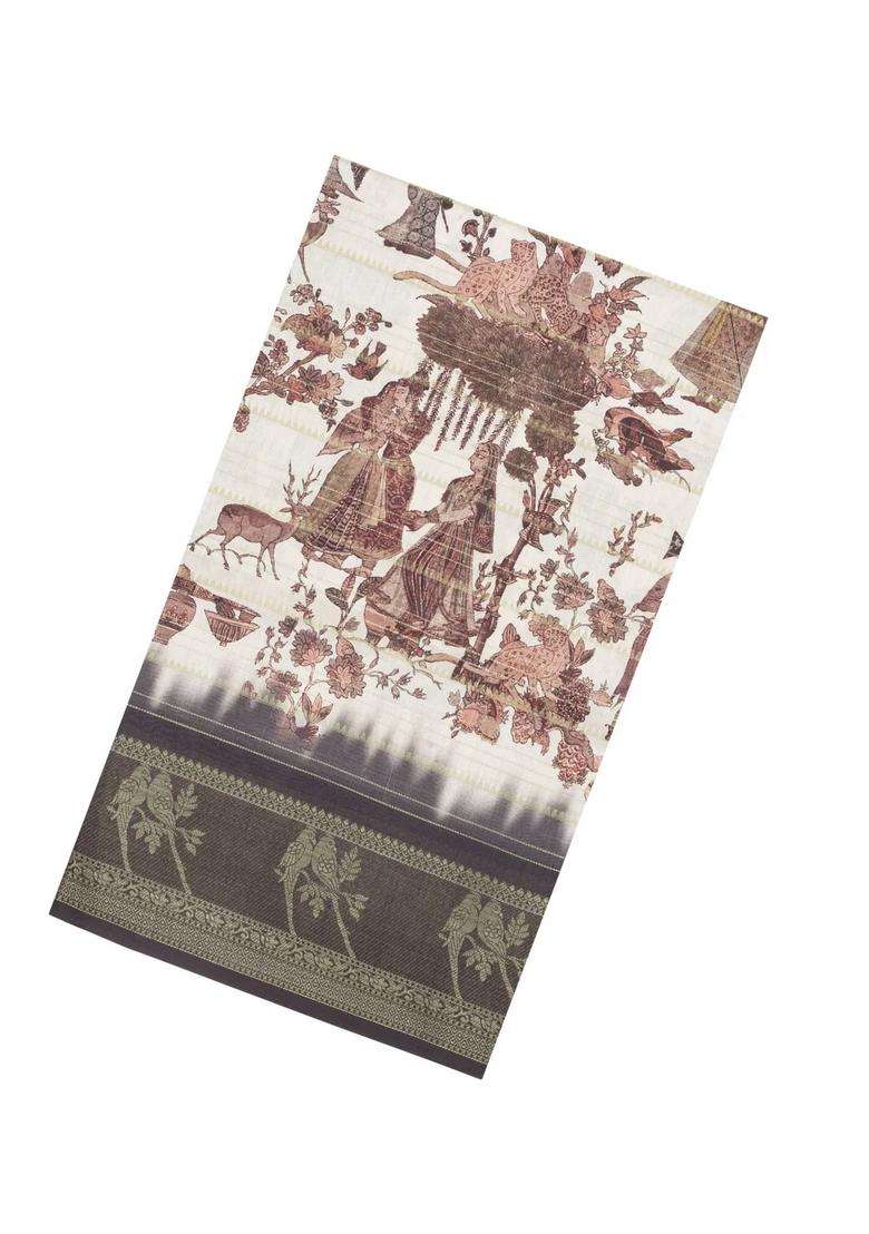 Cream Printed Synthetic Dupion Art Silk Saree With Zari Stripes Grey Border For Women - Indya