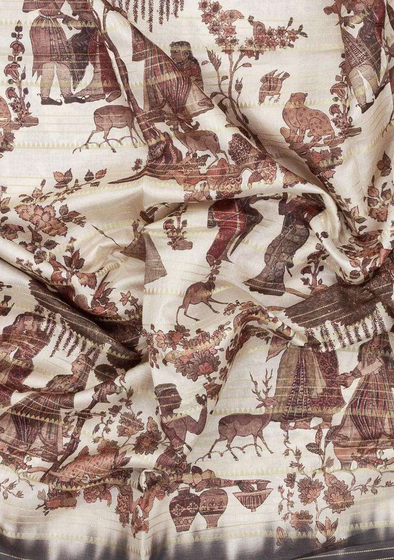 Cream Printed Synthetic Dupion Art Silk Saree With Zari Stripes Grey Border For Women - Indya