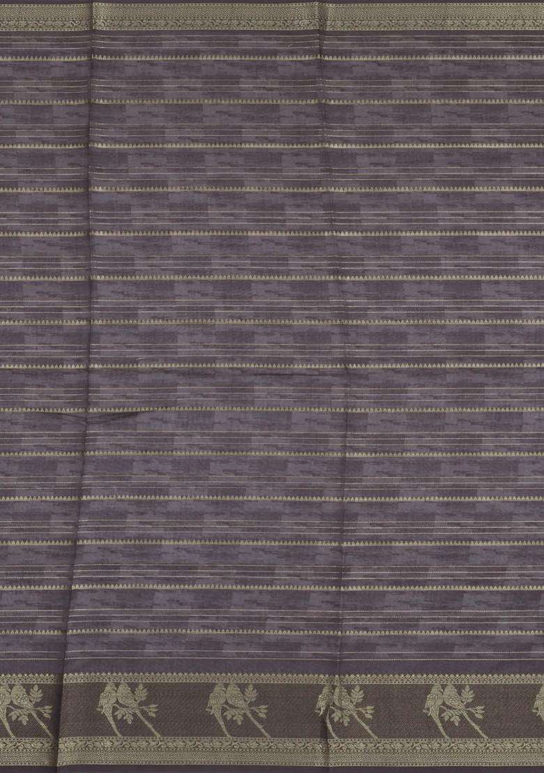 Cream Printed Synthetic Dupion Art Silk Saree With Zari Stripes Grey Border For Women - Indya
