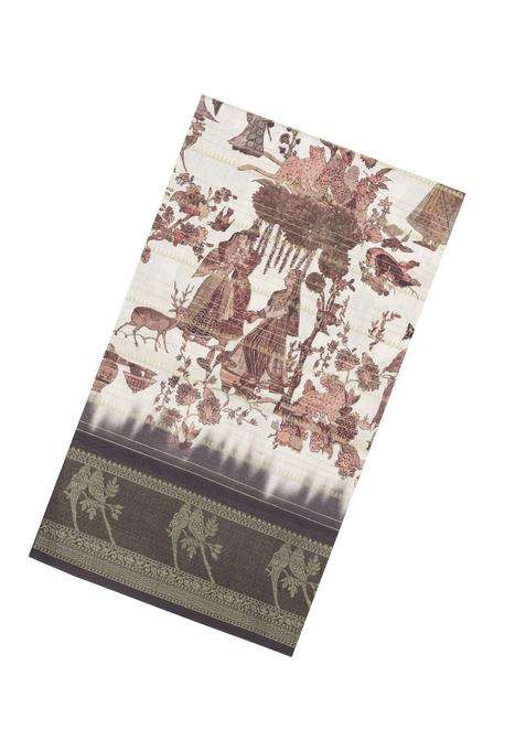 Cream Printed Synthetic Dupion Art Silk Saree With Zari Stripes Grey Border For Women