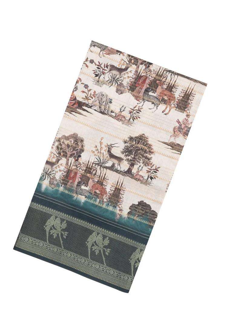 Cream Printed Synthetic Dupion Art Silk Saree With Zari Stripes Teal Border For Women - Indya