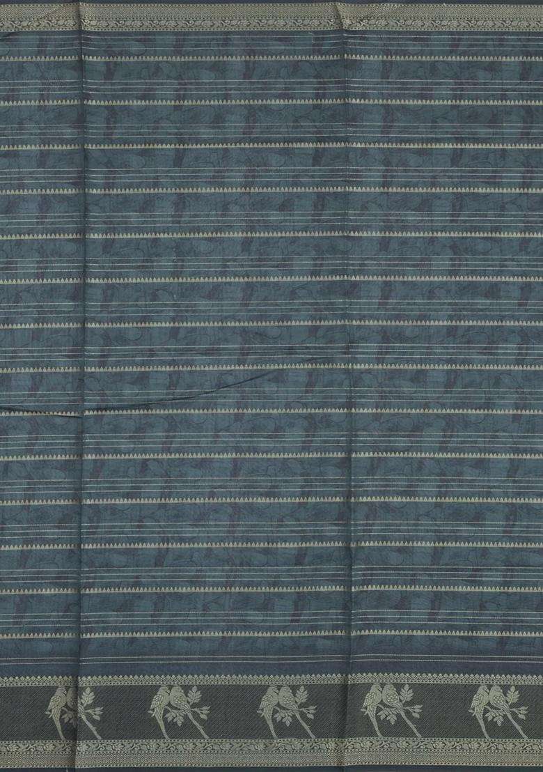 Cream Printed Synthetic Dupion Art Silk Saree With Zari Stripes Teal Border For Women - Indya