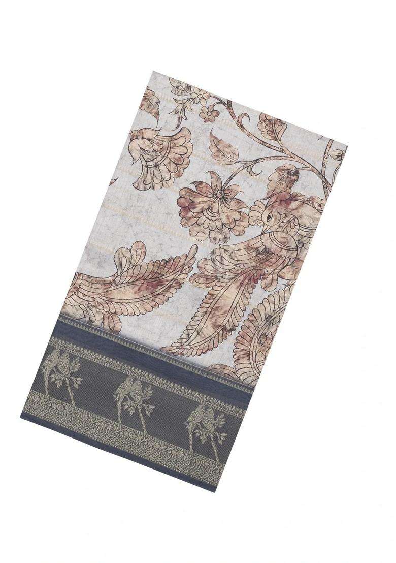Off White Printed Synthetic Dupion Art Silk Saree With Zari Stripes Border For Women - Indya