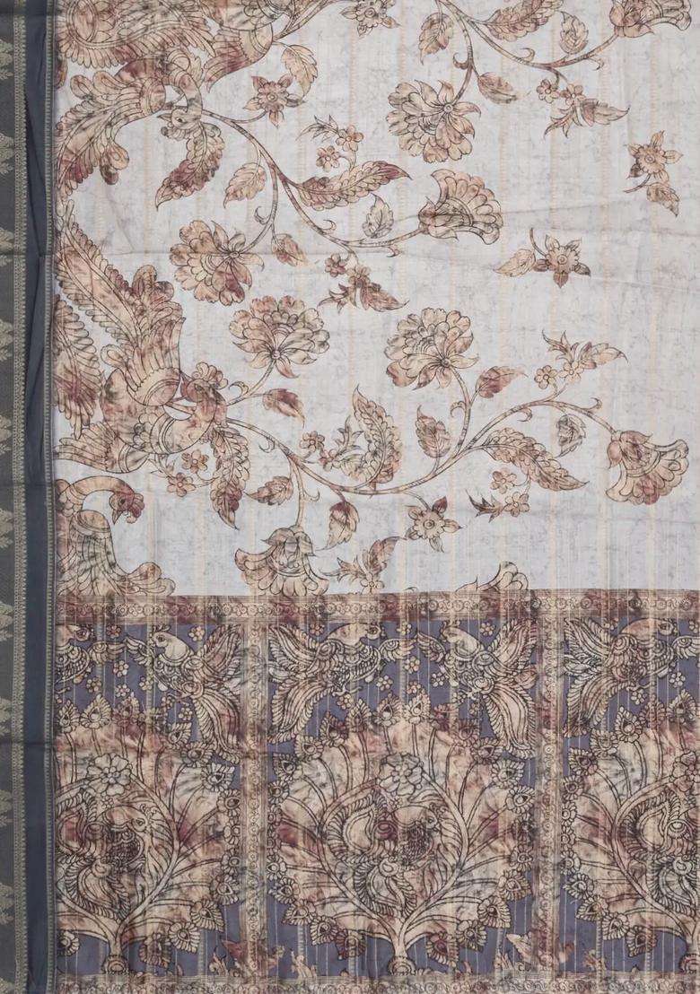 Off White Printed Synthetic Dupion Art Silk Saree With Zari Stripes Border For Women - Indya