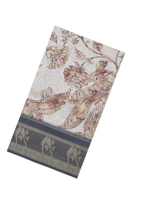 Off White Printed Synthetic Dupion Art Silk Saree With Zari Stripes Border For Women