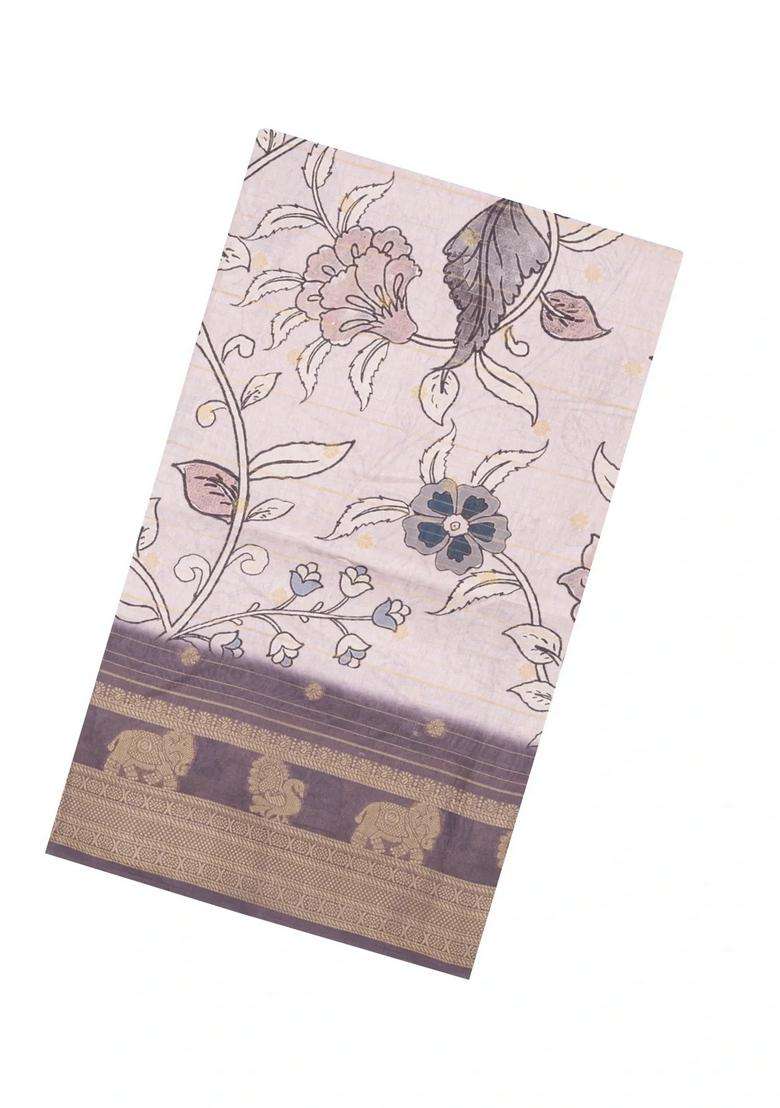 Taupe Printed Synthetic Dupion Art Silk Saree With Zari Stripes Border For Women - Indya