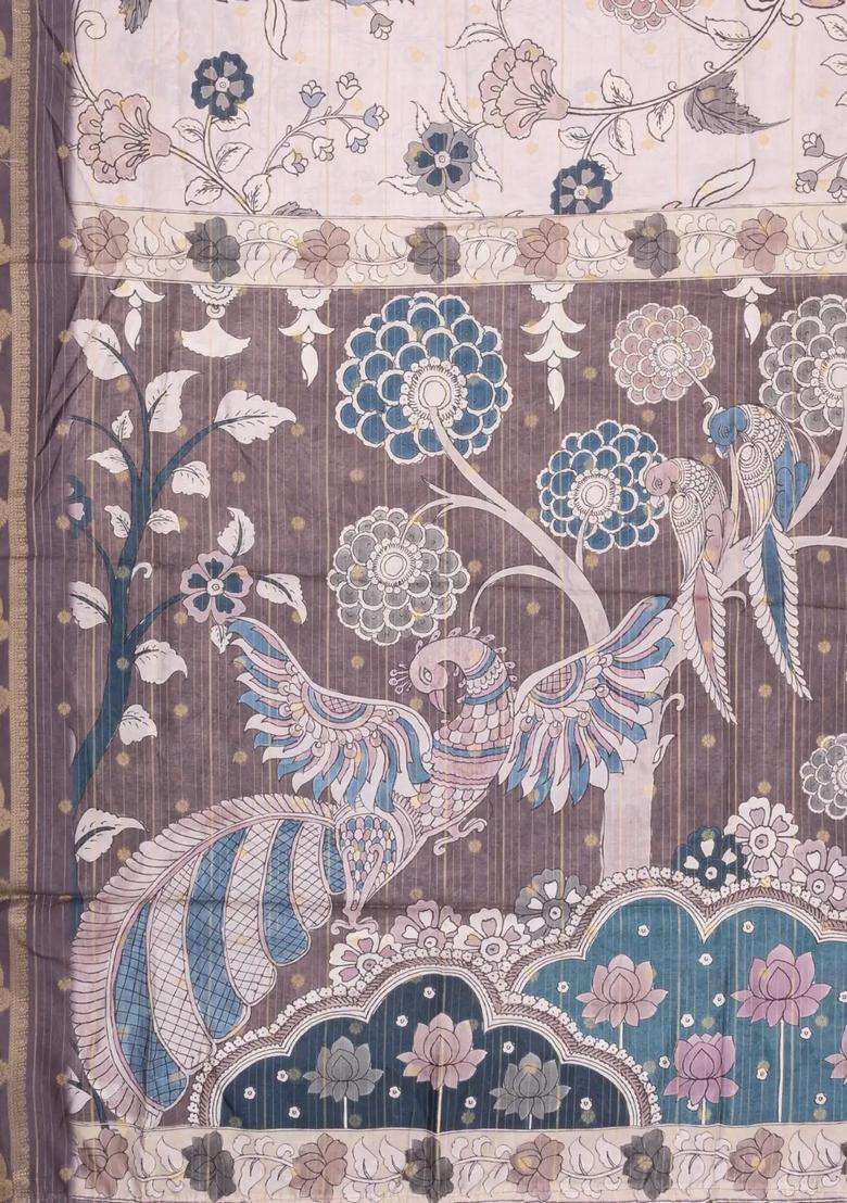 Taupe Printed Synthetic Dupion Art Silk Saree With Zari Stripes Border For Women - Indya