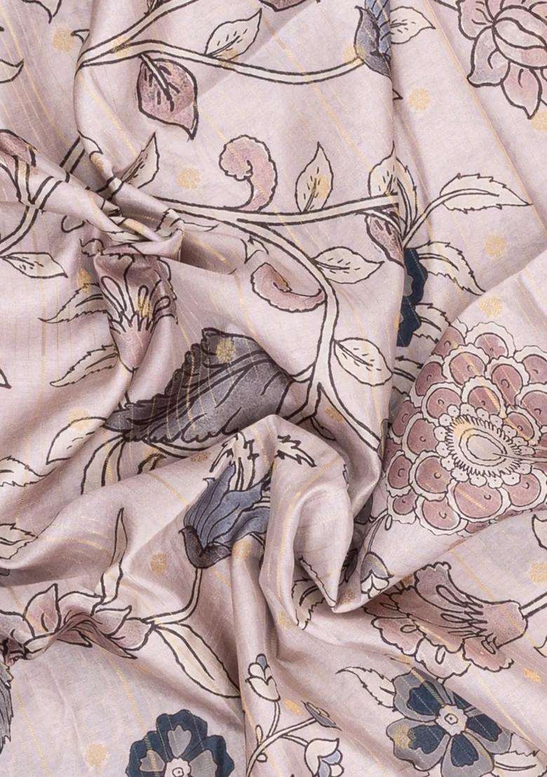 Taupe Printed Synthetic Dupion Art Silk Saree With Zari Stripes Border For Women - Indya