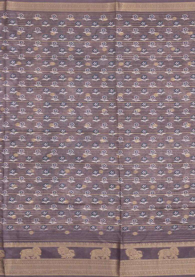 Taupe Printed Synthetic Dupion Art Silk Saree With Zari Stripes Border For Women - Indya