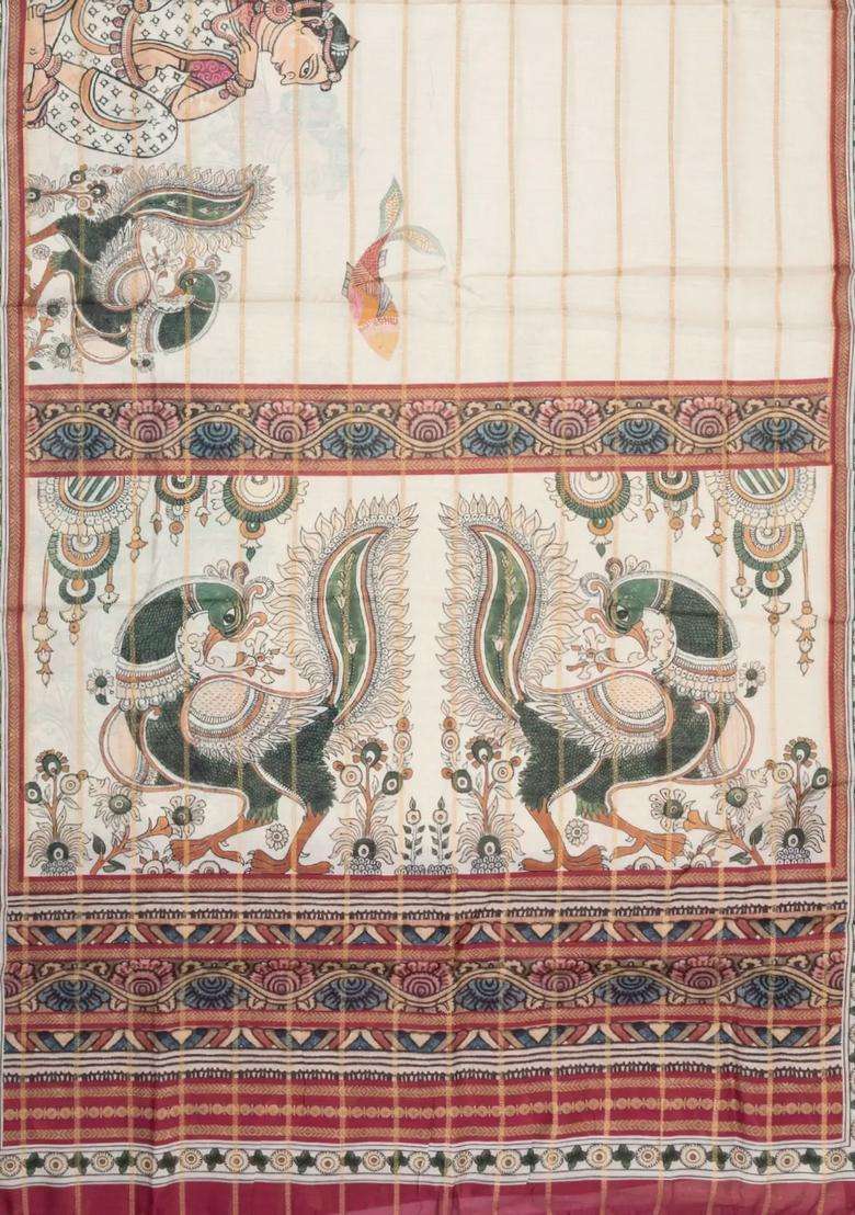 Cream Printed Synthetic Dupion Art Silk Saree With Zari Stripes For Women - Indya