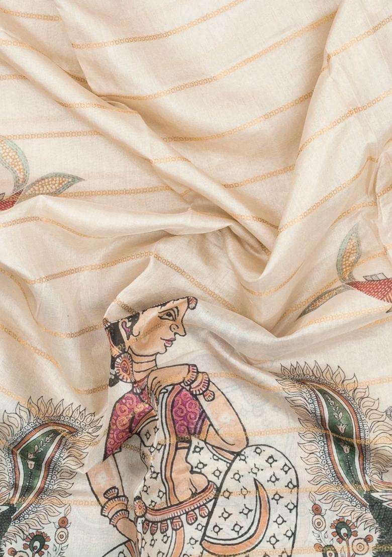 Cream Printed Synthetic Dupion Art Silk Saree With Zari Stripes For Women - Indya