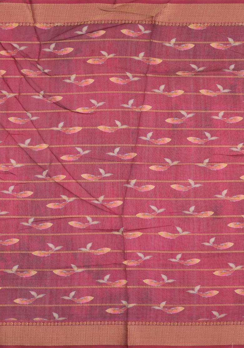 Cream Printed Synthetic Dupion Art Silk Saree With Zari Stripes For Women - Indya