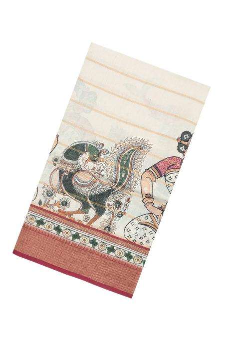 Cream Printed Synthetic Dupion Art Silk Saree With Zari Stripes For Women