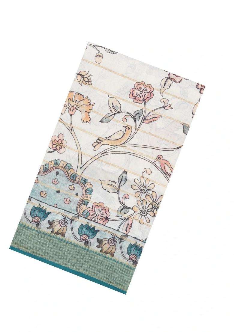 Cream Printed Synthetic Dupion Art Silk Saree With Zari Stripes Cyan Border For Women - Indya