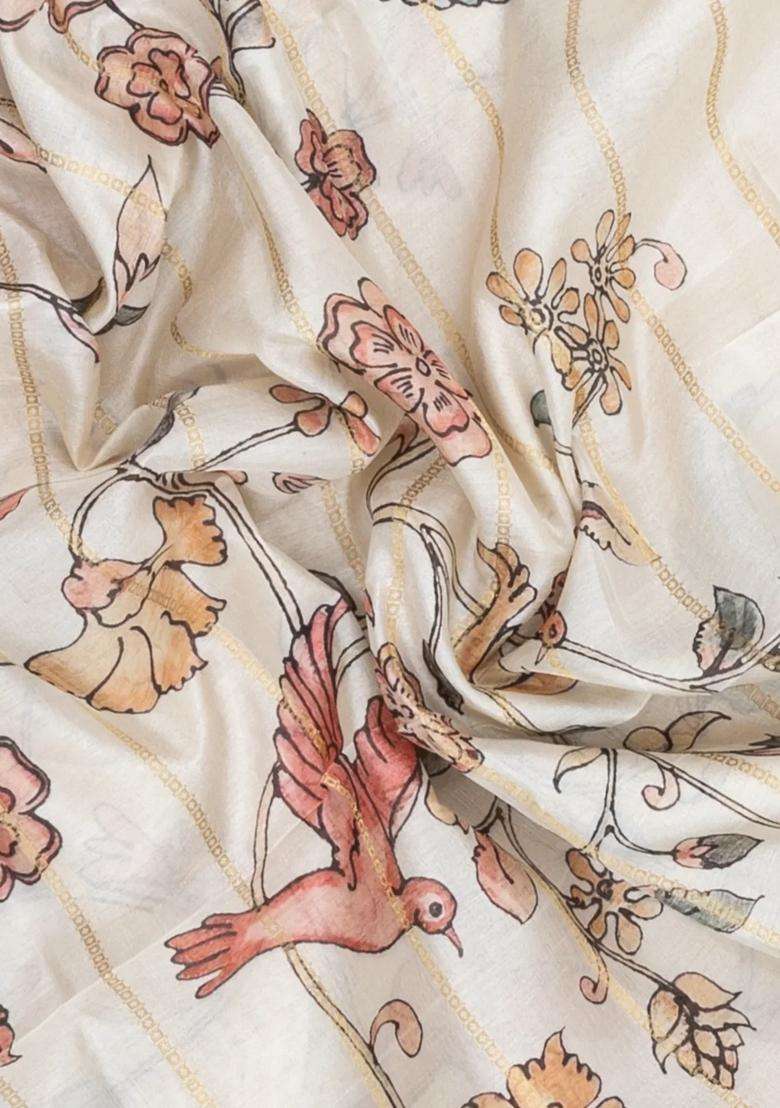 Cream Printed Synthetic Dupion Art Silk Saree With Zari Stripes Cyan Border For Women - Indya