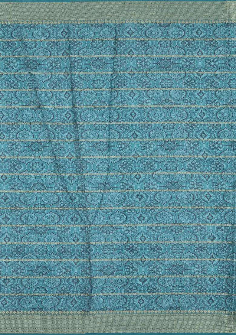 Cream Printed Synthetic Dupion Art Silk Saree With Zari Stripes Cyan Border For Women - Indya