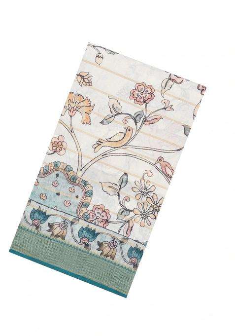 Cream Printed Synthetic Dupion Art Silk Saree With Zari Stripes Cyan Border For Women