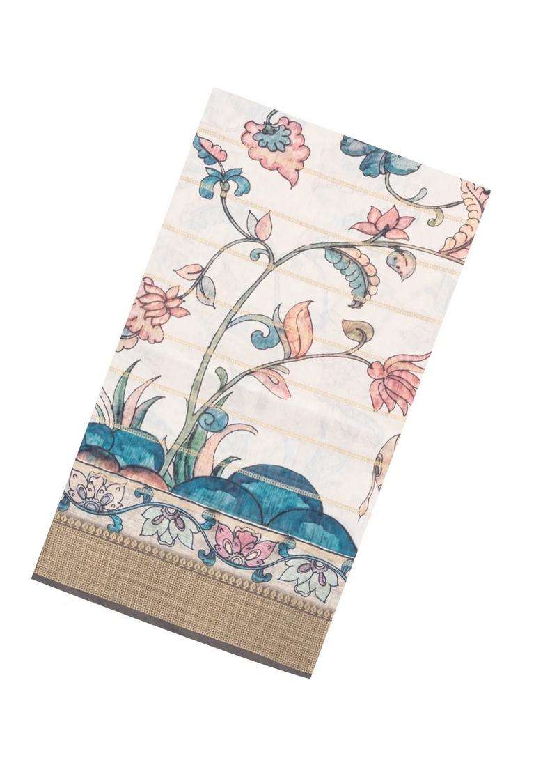 Cream Printed Synthetic Dupion Art Silk Saree With Zari Stripes Grey Border For Women - Indya