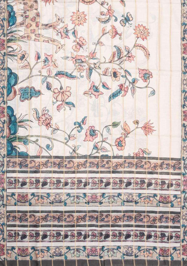 Cream Printed Synthetic Dupion Art Silk Saree With Zari Stripes Grey Border For Women - Indya